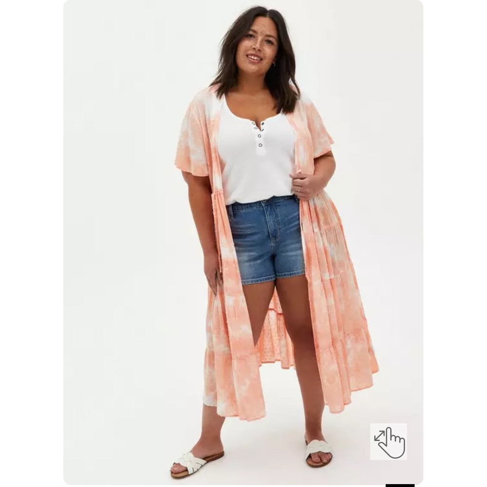 Torrid Peach Tie Dye Maxi Kimono 0 Boho Swiss Dot Flutter Sleeve Tiered Resort